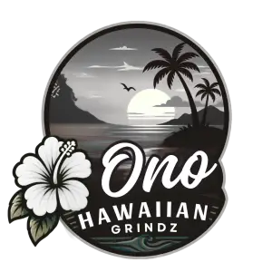 Ono Hawaiian Grindz logo design with a hibiscus flower and Hawaiian sunset beach scene
