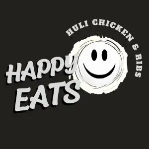 Happy Eats Kauai logo design with a smiley-face huli chicken icon
