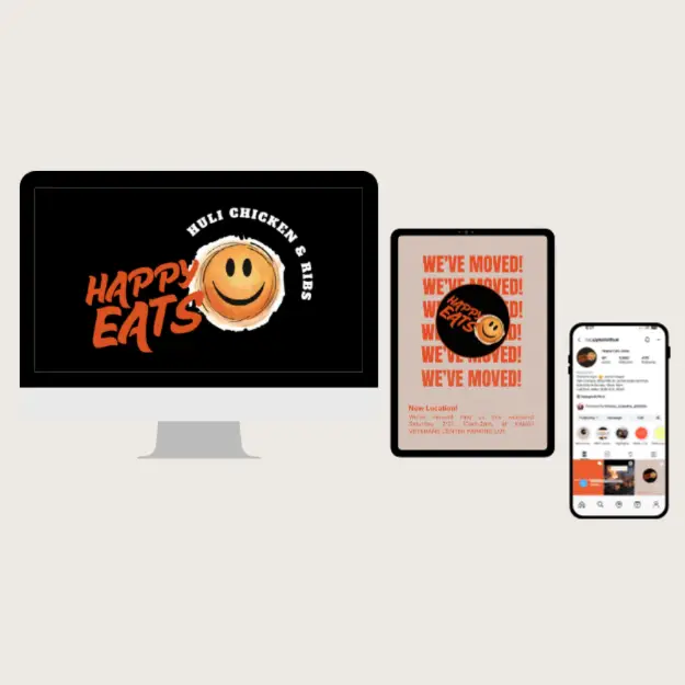 Happy Eats Kauai branding displayed across desktop, tablet, and mobile devices