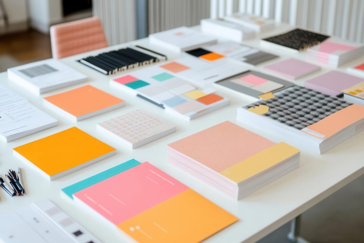 Brand strategy flat-lay with color palette swatches, notebooks, and printed brand materials on a table