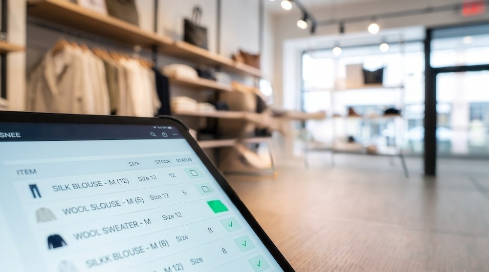 Business systems dashboard on a tablet showing inventory and workflow management in a retail store