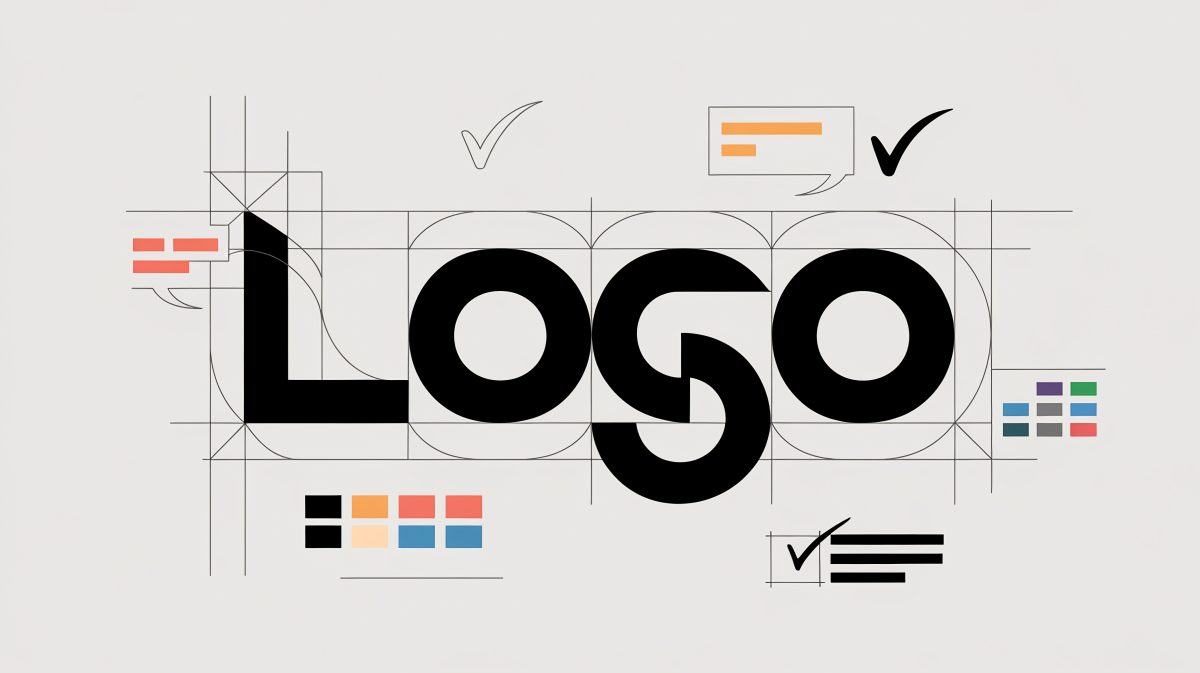 Logo design construction grid showing visual identity guidelines and color palette